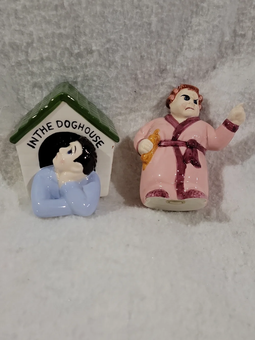 Salt And Pepper Shaker Ceramic Pair - 'In The Doghouse' & Pink Robe Lady